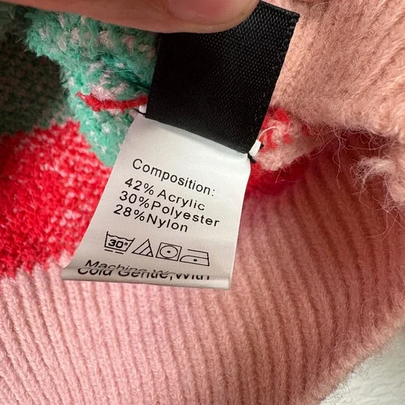 Womens Pink Cherry Print Long Sleeve Crew Neck Knit Crop Top Sweater - Picture 5 of 7